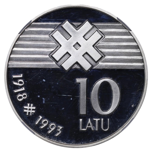 363 - Latvia, President Guntis Ulmanis (1993-1999), 10 lati, 1993 year, Silver, 25,175 gr, KM#19, 75th Ann... 