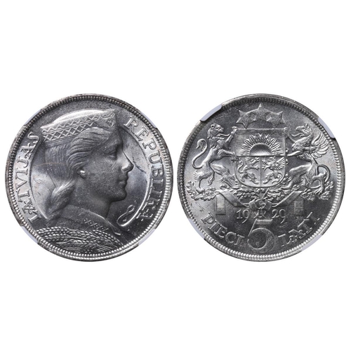 364 - Latvia, President Gustavs Zemgals (1927-1930), 5 lati, 1929 year, Silver, 25 gr, KM#9, In MS 63: 78,... 