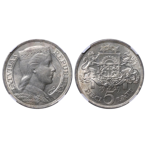 365 - Latvia, President Gustavs Zemgals (1927-1930), 5 lati, 1929 year, Silver, 25 gr, KM#9, In MS 62: 97,... 