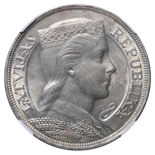 365 - Latvia, President Gustavs Zemgals (1927-1930), 5 lati, 1929 year, Silver, 25 gr, KM#9, In MS 62: 97,... 