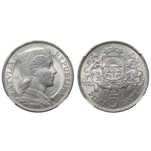 366 - Latvia, President Gustavs Zemgals (1927-1930), 5 lati, 1929 year, Silver, 25 gr, KM#9, In MS 62: 97,... 