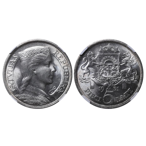 367 - Latvia, President Alberts Kviesis (1930-1936), 5 lati, 1931 year, Silver, 25 gr, KM#9, In MS 64: 63,... 