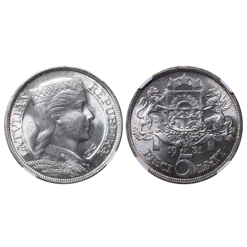 368 - Latvia, President Alberts Kviesis (1930-1936), 5 lati, 1931 year, Silver, 25 gr, KM#9, In MS 63: 164... 