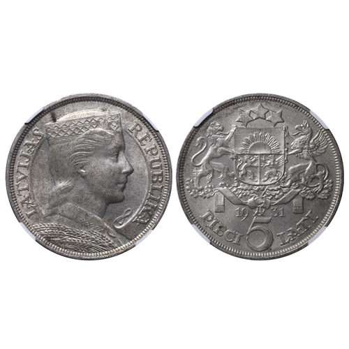 369 - Latvia, President Alberts Kviesis (1930-1936), 5 lati, 1931 year, Silver, 25 gr, KM#9, In MS 63: 164... 