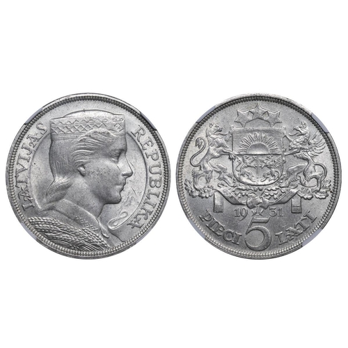 370 - Latvia, President Alberts Kviesis (1930-1936), 5 lati, 1931 year, Silver, 25 gr, KM#9, In MS 62: 228... 