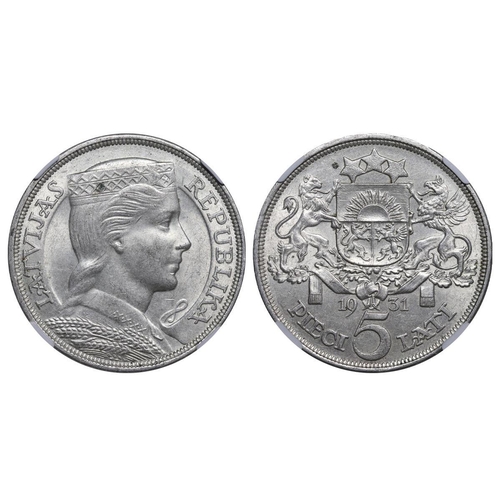 371 - Latvia, President Alberts Kviesis (1930-1936), 5 lati, 1931 year, Silver, 25 gr, KM#9, In MS 61: 88,... 