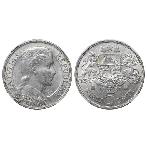 372 - Latvia, President Alberts Kviesis (1930-1936), 5 lati, 1931 year, Silver, 25 gr, KM#9, In MS 60: 3, ... 