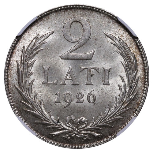 377 - Latvia, President Janis Chakste (1922-1927), 2 lati, 1926 year, Silver, 10 gr, KM#8, In MS 65: 21, I... 