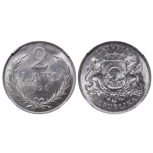 379 - Latvia, President Janis Chakste (1922-1927), 2 lati, 1926 year, Silver, 10 gr, KM#8, In MS 63: 51, I... 