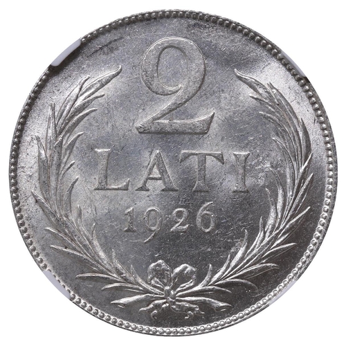 379 - Latvia, President Janis Chakste (1922-1927), 2 lati, 1926 year, Silver, 10 gr, KM#8, In MS 63: 51, I... 