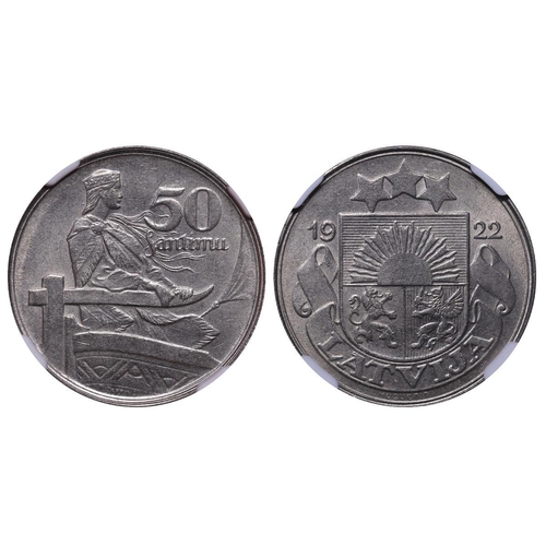 381 - Latvia, President Janis Chakste (1922-1927), 50 santimu, 1922 year, Nickel, 6,5 gr, KM#6, In MS 65: ... 