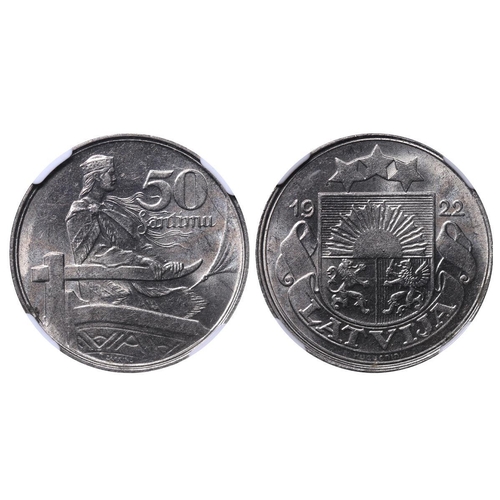 382 - Latvia, President Janis Chakste (1922-1927), 50 santimu, 1922 year, Nickel, 6,5 gr, KM#6, In MS 63: ... 