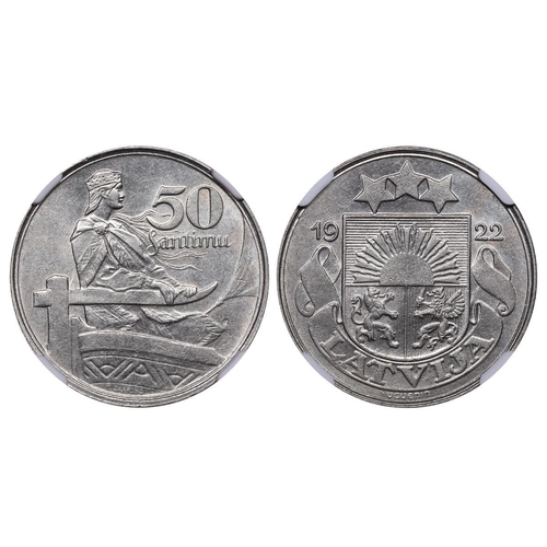 383 - Latvia, President Janis Chakste (1922-1927), 50 santimu, 1922 year, Nickel, 6,5 gr, KM#6, In MS 61: ... 