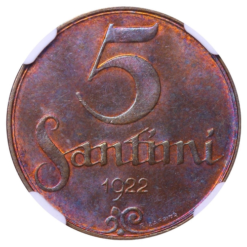 387 - Latvia, President Janis Chakste (1922-1927), 5 santimi, 1922 year, Bronze, 3 gr, KM#3, In MS 63 BN: ... 