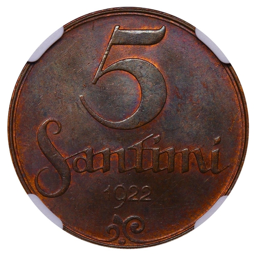 388 - Latvia, President Janis Chakste (1922-1927), 5 santimi, 1922 year, Bronze, 3 gr, KM#3, In MS 63 BN: ... 