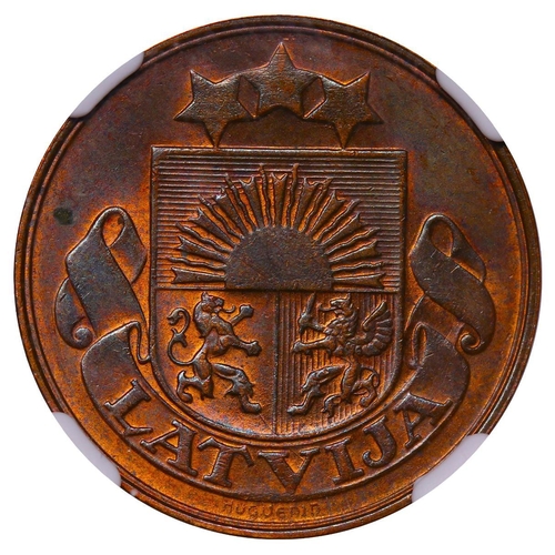 388 - Latvia, President Janis Chakste (1922-1927), 5 santimi, 1922 year, Bronze, 3 gr, KM#3, In MS 63 BN: ... 