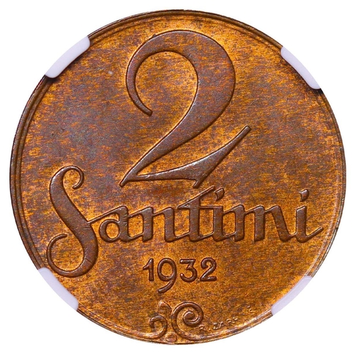 390 - Latvia, President Alberts Kviesis (1930-1936), 2 santimi, 1932 year, Bronze, 2 gr, KM#2, In MS 63 RB... 