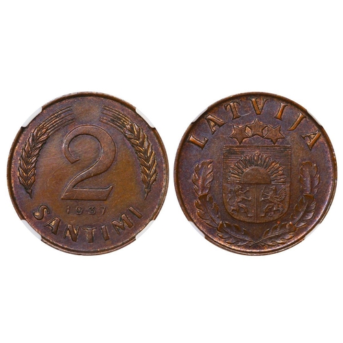 391 - Latvia, President Karlis Ulmanis (1936-1940), 2 santimi, 1937 year, Bronze, 2 gr, KM#11, In MS 61 BN... 