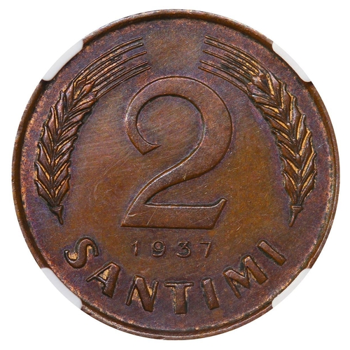 391 - Latvia, President Karlis Ulmanis (1936-1940), 2 santimi, 1937 year, Bronze, 2 gr, KM#11, In MS 61 BN... 