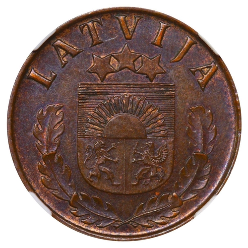 391 - Latvia, President Karlis Ulmanis (1936-1940), 2 santimi, 1937 year, Bronze, 2 gr, KM#11, In MS 61 BN... 