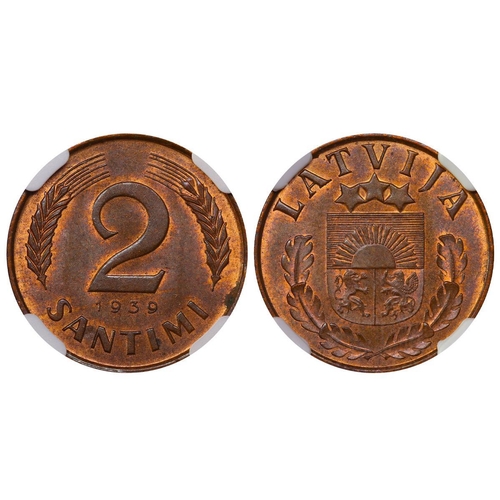 392 - Latvia, President Karlis Ulmanis (1936-1940), 2 santimi, 1939 year, Bronze, 2 gr, KM#11, In MS 65 BN... 