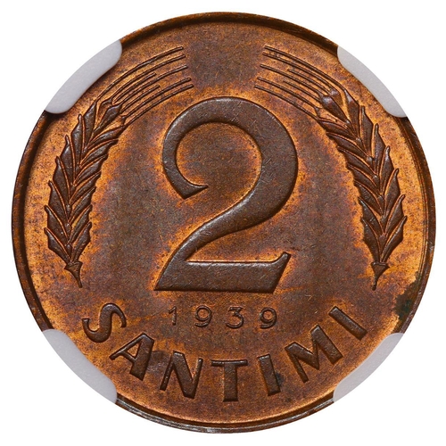 392 - Latvia, President Karlis Ulmanis (1936-1940), 2 santimi, 1939 year, Bronze, 2 gr, KM#11, In MS 65 BN... 