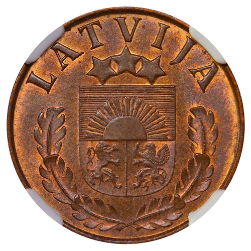 392 - Latvia, President Karlis Ulmanis (1936-1940), 2 santimi, 1939 year, Bronze, 2 gr, KM#11, In MS 65 BN... 