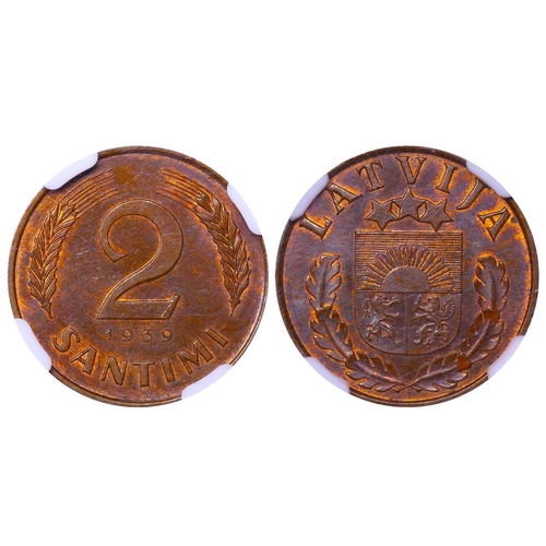 393 - Latvia, President Karlis Ulmanis (1936-1940), 2 santimi, 1939 year, Bronze, 2 gr, KM#11, In MS 64 BN... 