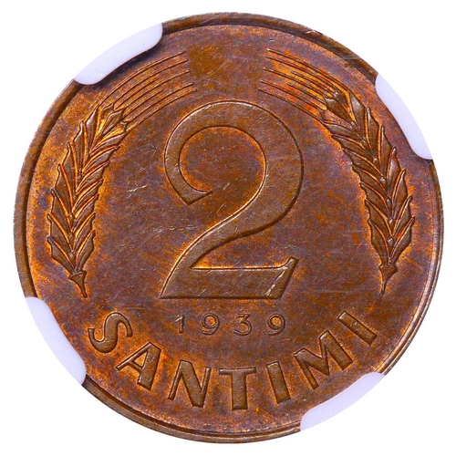 393 - Latvia, President Karlis Ulmanis (1936-1940), 2 santimi, 1939 year, Bronze, 2 gr, KM#11, In MS 64 BN... 