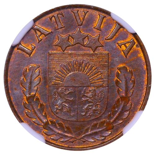 393 - Latvia, President Karlis Ulmanis (1936-1940), 2 santimi, 1939 year, Bronze, 2 gr, KM#11, In MS 64 BN... 