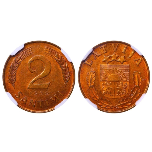 394 - Latvia, President Karlis Ulmanis (1936-1940), 2 santimi, 1939 year, Bronze, 2 gr, KM#11, In MS 63 RB... 