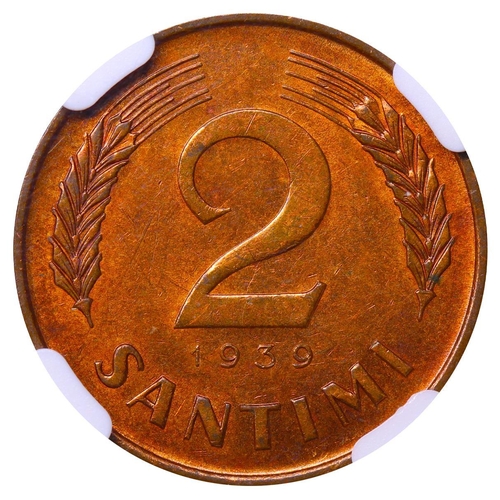 394 - Latvia, President Karlis Ulmanis (1936-1940), 2 santimi, 1939 year, Bronze, 2 gr, KM#11, In MS 63 RB... 