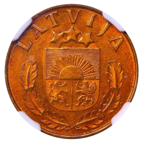 394 - Latvia, President Karlis Ulmanis (1936-1940), 2 santimi, 1939 year, Bronze, 2 gr, KM#11, In MS 63 RB... 