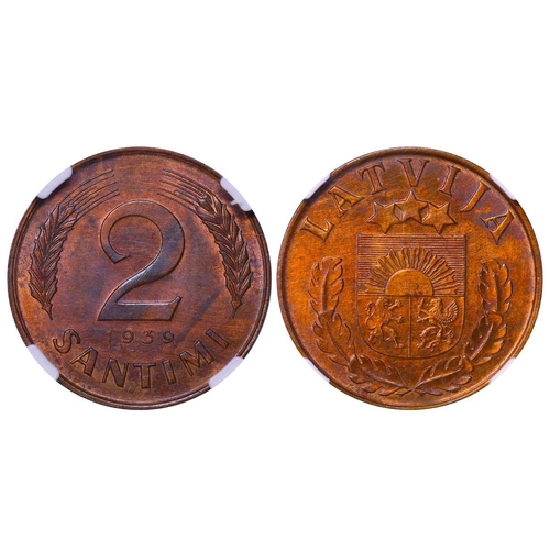 395 - Latvia, President Karlis Ulmanis (1936-1940), 2 santimi, 1939 year, Bronze, 2 gr, KM#11, In UNC DETA... 