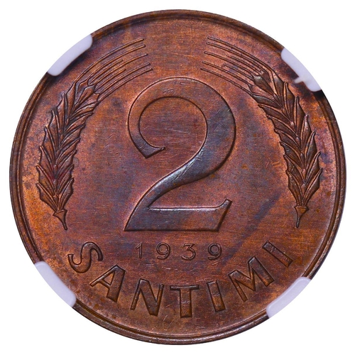 395 - Latvia, President Karlis Ulmanis (1936-1940), 2 santimi, 1939 year, Bronze, 2 gr, KM#11, In UNC DETA... 