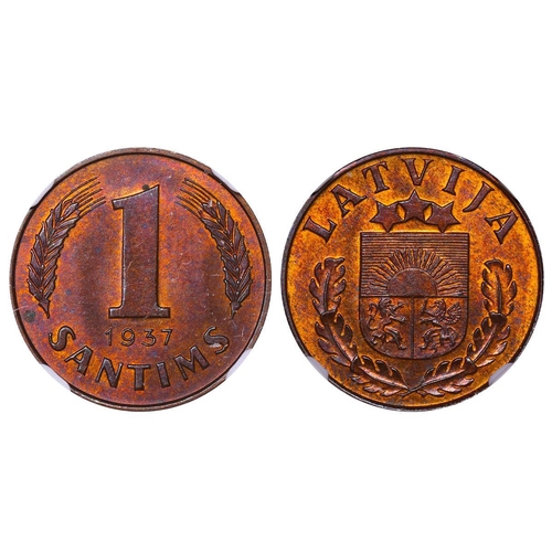 398 - Latvia, President Karlis Ulmanis (1936-1940), 1 santims, 1937 year, Bronze, 1,8 gr, KM#10, In MS 64 ... 