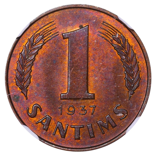 398 - Latvia, President Karlis Ulmanis (1936-1940), 1 santims, 1937 year, Bronze, 1,8 gr, KM#10, In MS 64 ... 