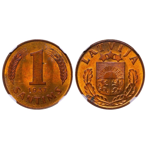 399 - Latvia, President Karlis Ulmanis (1936-1940), 1 santims, 1937 year, Bronze, 1,8 gr, KM#10, In MS 64 ... 