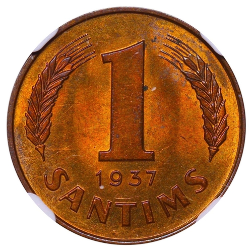 399 - Latvia, President Karlis Ulmanis (1936-1940), 1 santims, 1937 year, Bronze, 1,8 gr, KM#10, In MS 64 ... 