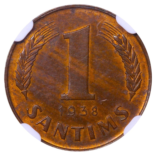 400 - Latvia, President Karlis Ulmanis (1936-1940), 1 santims, 1938 year, Bronze, 1,8 gr, KM#10, In MS 63 ... 