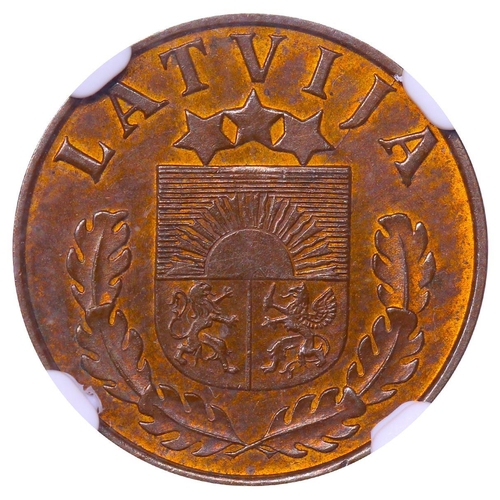 400 - Latvia, President Karlis Ulmanis (1936-1940), 1 santims, 1938 year, Bronze, 1,8 gr, KM#10, In MS 63 ... 