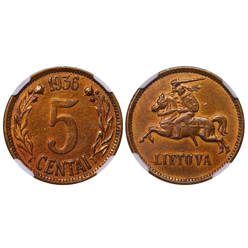 406 - Lithuania, President Antanas Smetona (1926-1940), 5 centai, 1936 year, Bronze, 2,5 gr, KM#81, In UNC... 