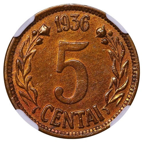 406 - Lithuania, President Antanas Smetona (1926-1940), 5 centai, 1936 year, Bronze, 2,5 gr, KM#81, In UNC... 