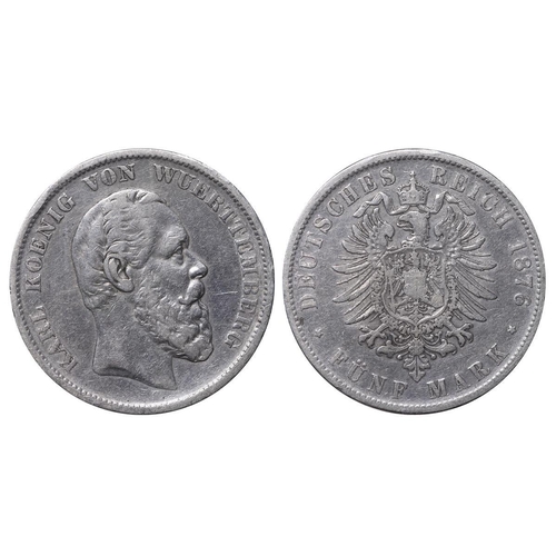 438 - Kingdom of Wurttemberg (German States), King Charles I (1864-1891), 5 mark, 1876 year, Silver, 27,77... 