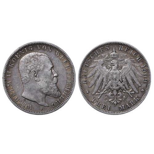 457 - Kingdom of Wurttemberg (German States), King William II (1891-1918), 3 Marks, 1909 year, Silver, 16,... 