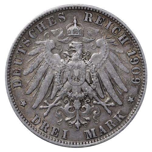 457 - Kingdom of Wurttemberg (German States), King William II (1891-1918), 3 Marks, 1909 year, Silver, 16,... 