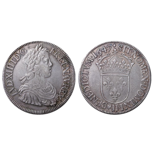 516 - France, King Louis XIV (1643-1715), 1 ecu, 1647 year, Silver, 27,2 gr, Dy royales# 1469, Obverse: LV... 