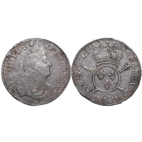 535 - France, King Louis XIV (1643-1715), 1/2 Ecu Aux Insignes, 1702 year, Silver, 13,725 gr, Gad#189, Rar... 