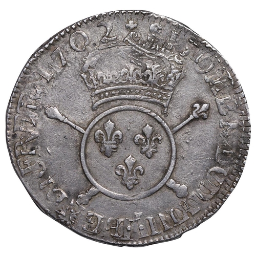 535 - France, King Louis XIV (1643-1715), 1/2 Ecu Aux Insignes, 1702 year, Silver, 13,725 gr, Gad#189, Rar... 