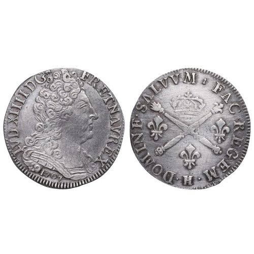 541 - France, King Louis XIV (1643-1715), 20 Sols Aux Insignes, 1707 year, Silver, 6,118 gr, Gad#164